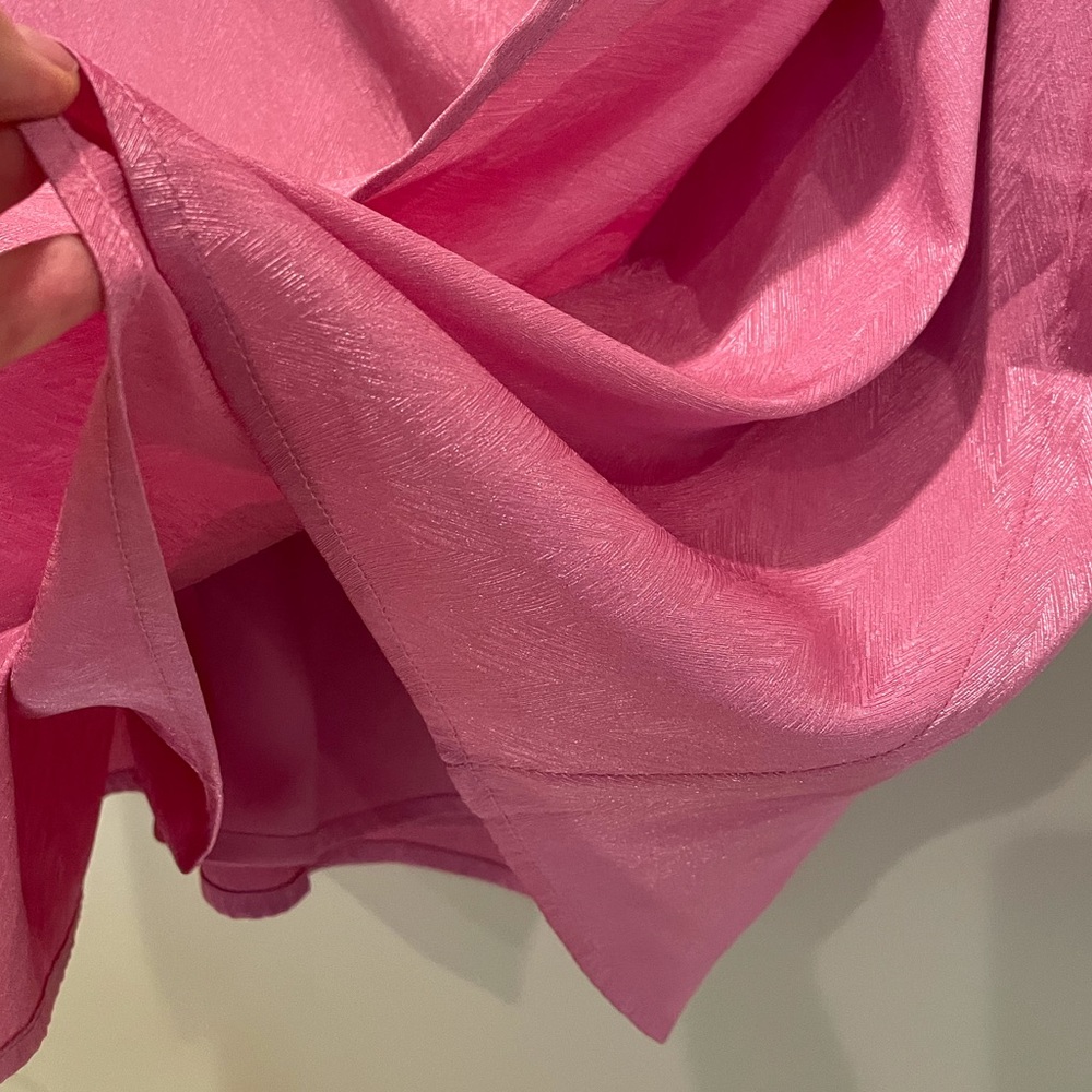 NWT (M) WAYF pink jacquard silky long sleeves puff mini drape wrap rhinestone - Picture 15 of 15